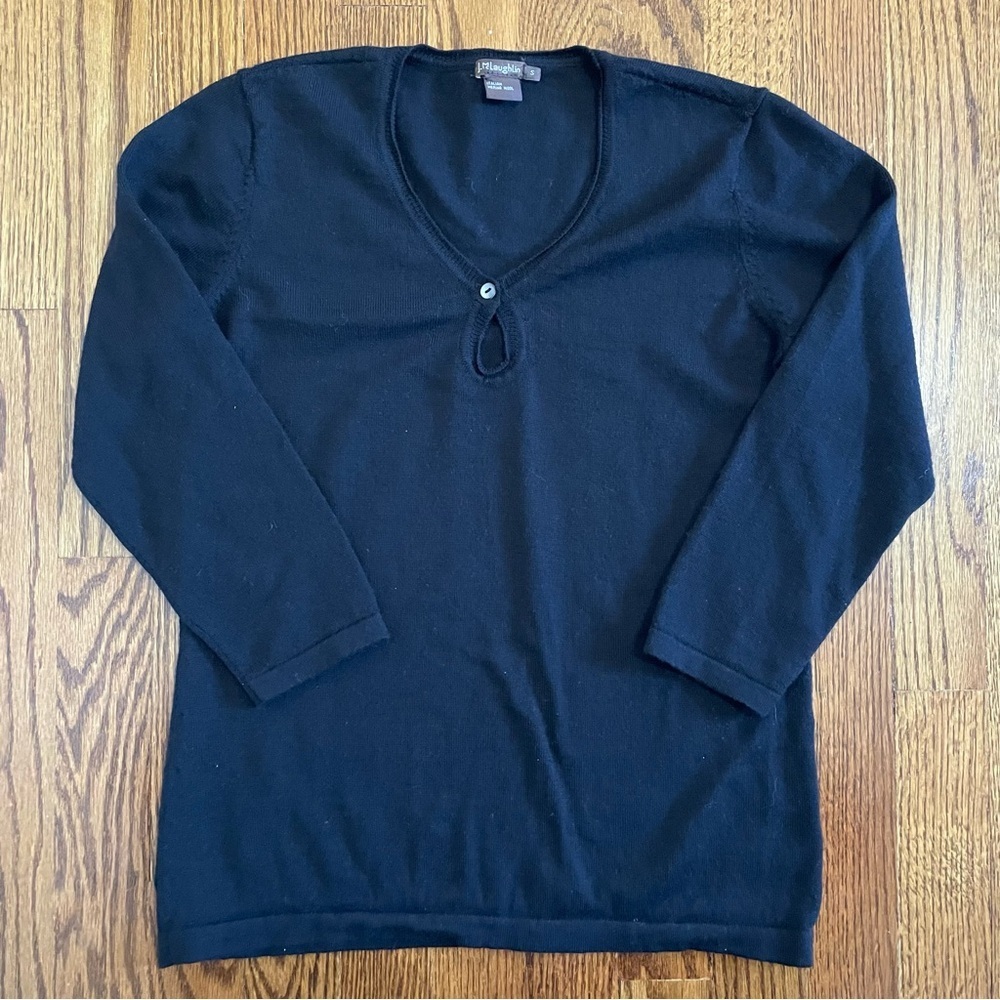 J.McLaughlin Black V Cut Lightweight Sweater 3/4 Sleeve Merino Wool Size Small